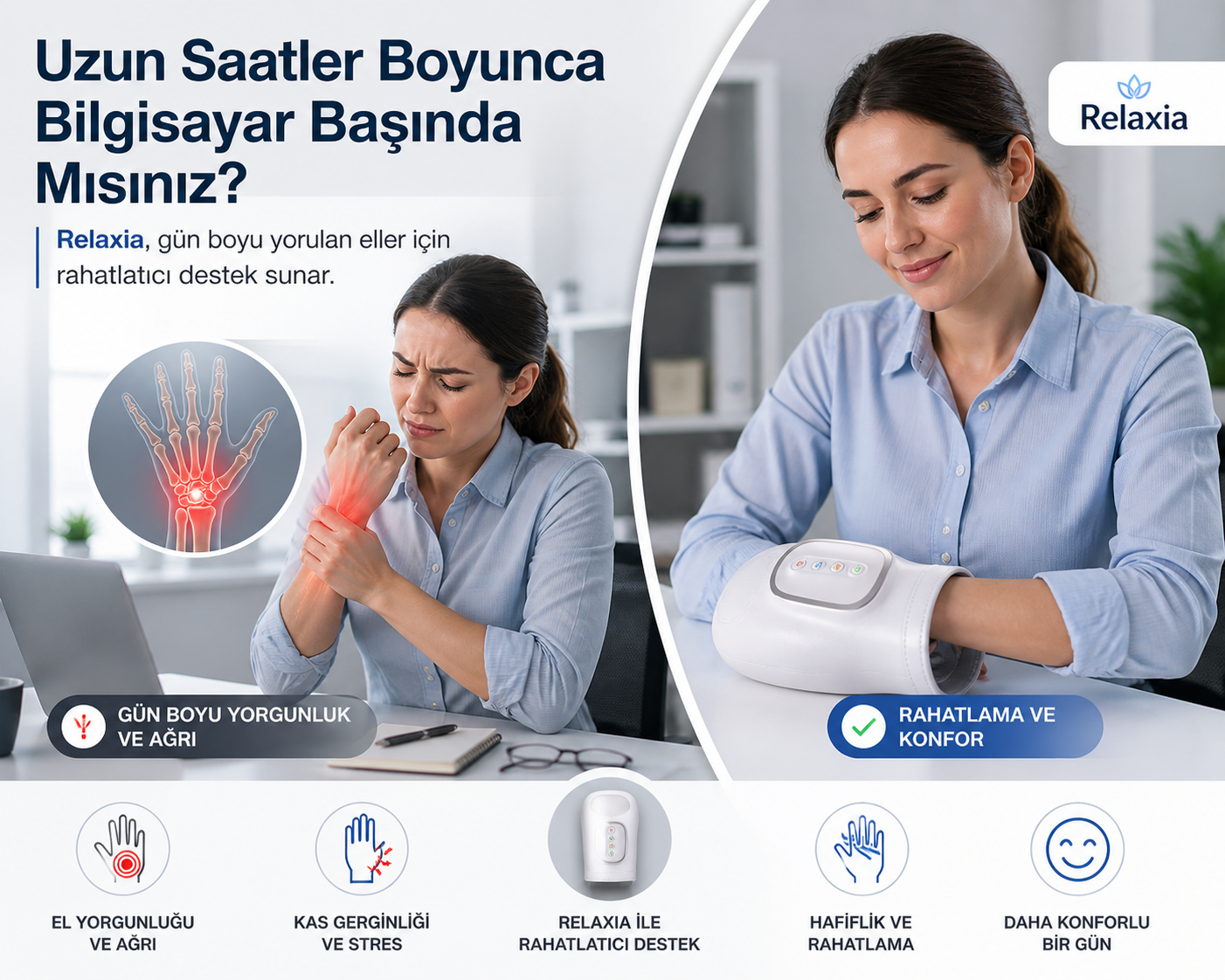 Relaxia Akıllı El Masaj Cihazı – Isıtmalı Rahatlama Desteği