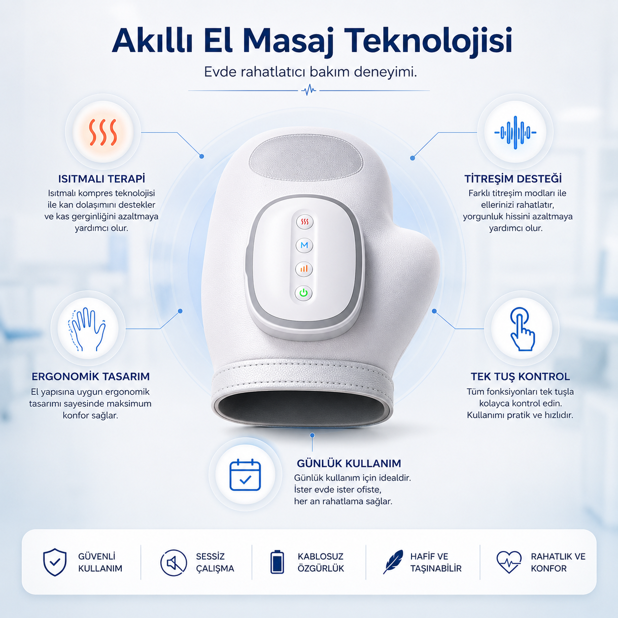 Relaxia Akıllı El Masaj Cihazı – Isıtmalı Rahatlama Desteği