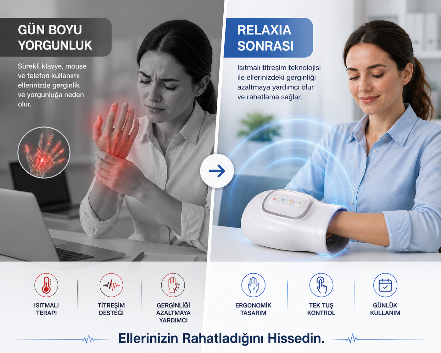 Relaxia Akıllı El Masaj Cihazı – Isıtmalı Rahatlama Desteği